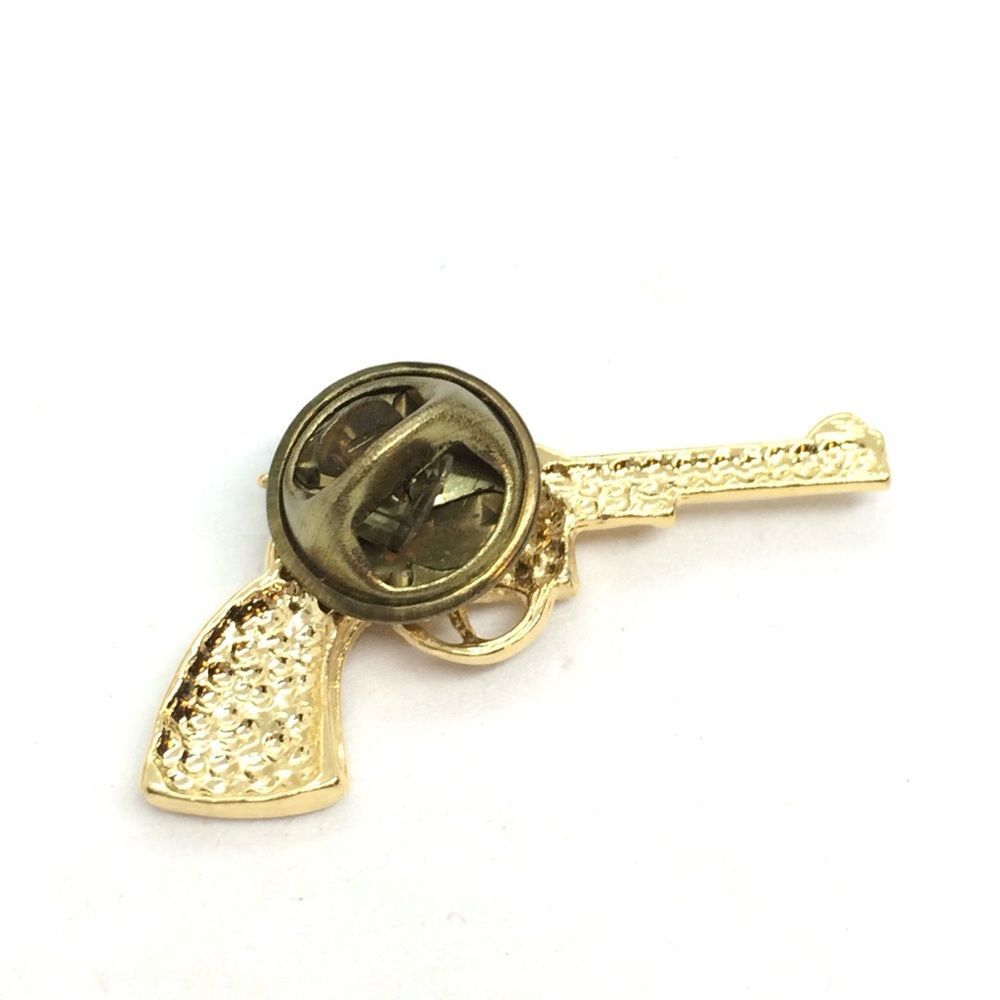 VINTAGE REVOLVER GUN TIE TACK LAPEL PIN GOLD TONE WESTERN COWBOY - Picture 3 of 12